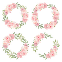 Watercolor pink rose flower wreath collection