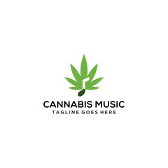 Silhouette of Cannabis marijuana hemp leaf with music note logo design