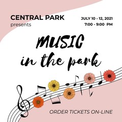 Invitation template. Open air summer concert banner with hand drawn music notes and daisy flowers. Pink poster for a park festival event. Vector