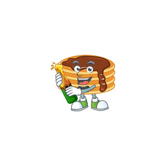 Mascot cartoon design of chocolate cream pancake making toast with a bottle of beer