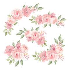 Watercolor pink rose flower bouquet decoration set - obrazy, fototapety, plakaty