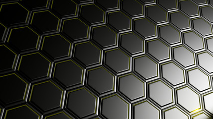 3d render of abstract background with  hexagon in black metallic design.Technology concept.