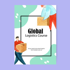 Poster design with watercolor painting of laptop, forklift, car, box illustration.