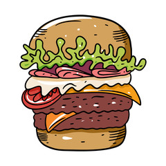 Double burger with ham. Hand drawn colorful vector illustration in cartoon style. Isolated on white background.