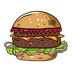 Burger with tomato sauce, shredded lettuce and onion. Hand drawn colorful vector illustration in cartoon style.