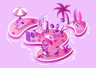 Isometric Vector Illustration Representing Sports Training, Exercises, Practices, and Health Care and Treatments on Islands