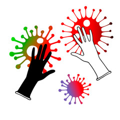 Medical set with Coronavirus bacteria icons and medical gloves. Protection against coronavirus. Hand drawn sketch style. Danger. Colourful vector illustration on white background