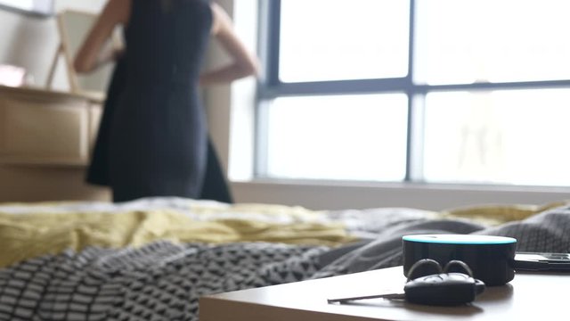 Smart Home Device, Smart Business Woman Getting Ready for Work in the Background