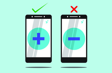 illustration of smartphone with positive and negative internet use. Positive sign is right used for the internet positive, negative sign is wrong used of the internet negative from a smartphone.