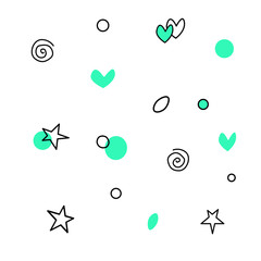 Set of vector outline colorful stars hearts points circles rounds rings spirals helixes isolated on white background. Collection elements of design