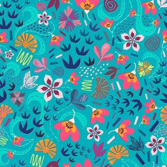 A composition of paper cut-outs floral and various ditsy small scale shapes inspired by beauty of spring blooming nature. This design celebrates the flora that arrives when warmer weather is around.