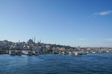Fototapeta na wymiar Istanbul / Turkey - December 10 2019: new Mosque across the black sea in sunny day blue sky