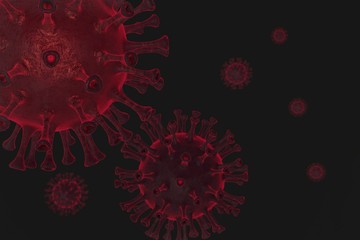 The red Chinese coronavirus COVID-19 cell under the microscope on black background. Pandemic medical health risk concept with disease cell. 3d illustration.