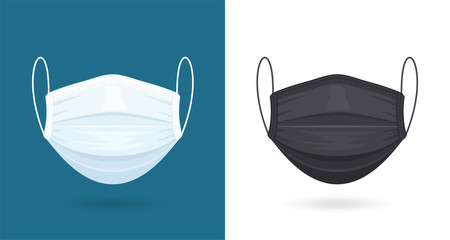 Black and White Medical or Surgical Face Masks. Virus Protection. Breathing Respirator Mask. Healthcare Concept. Vector Illustration