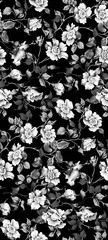 black and white Shabby chic vintage roses, tulips and forget-me-nots vintage seamless pattern, classic chintz floral repeat background for web and print