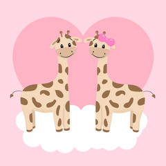 Cute giraffe couple. Concept of loving each other. Cute tiny family. Cartoon vector illustration. Suitable for baby t-shirt, baby clothes, greeting card, pajamas and games room. Kids illustration