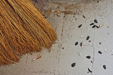 Broom close-up near the husk of seeds on the floor, sweeping garbage in publi