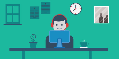 Young man receptionist stands at reception desk 