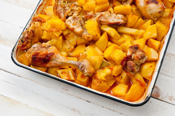 Baked potato with chicken cooked in an electric oven. Background for cooking.