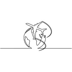 Continuous line drawing of airplane flying around the world. Business and tourism, airplane travel concept. Vector sketch illustration for print, web, mobile and infographics on white background.