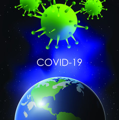 Design of a coronavirus outbreak with a viral cell in microscopic form. Vector illustration template on the topic of a dangerous SARS epidemic for an advertising banner or leaflet.