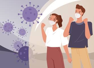 Couple wearing face masks. Man and woman fight with coronavirus. Virus preventive measures. Vector illustration in a flat style
