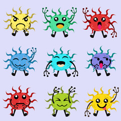 Illustration vector graphic of Cute character of germ, bacteria and virus set collection. Microbe, Pathogen, Virus icon. Cartoon microbes. Cute cartoon germ in flat style design.