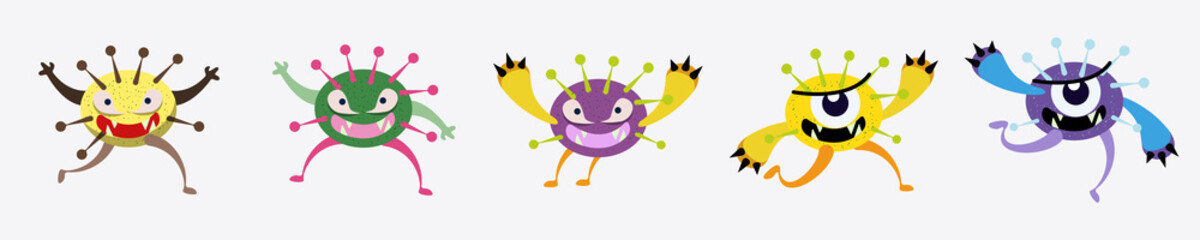 Illustration vector graphic of cute bacteria character running set collection. Vector cartoon illustration of a virus, bacteria. Simple vector illustration EPS10 isolated on white background.
