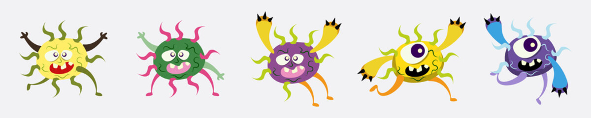 Illustration vector graphic of cute bacteria character running set collection. Vector cartoon illustration of a virus, bacteria. Simple vector illustration EPS10 isolated on white background.
