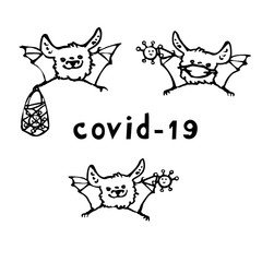 Set of black and white vector illustrations. Bats and coronavirus. Isolated on a white background. Hand drawn.