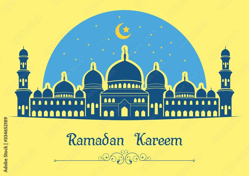 Wall mural Ramadan kareem background with mosque on yellow background