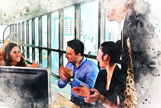 Abstract colorful business partnership teamwork meeting and working at desk on watercolor illustration painting background.