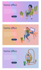 Home office web template concept. Freelance work from home due to coronavirus quarantine. Woman takes online education. Flat vector.