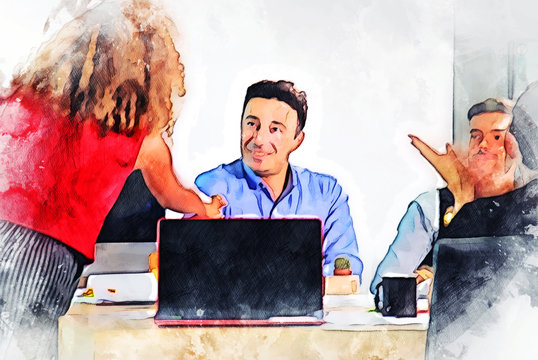 Abstract colorful business partnership teamwork meeting and working at desk on watercolor illustration painting background.