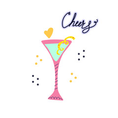 Cheers text and cocktail. Cute hand drawn vector illustration. Flat design for cards of party, birthday, celebration and other.