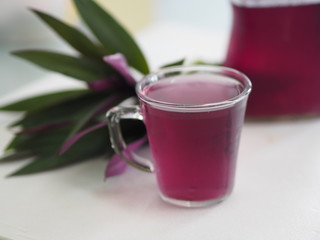 Herbal juice in clear glass droplets along the edge Tradescantia spathacea