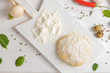 Ingredients for tasty pizza on white wooden background