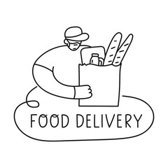 Food delivery during quarantine. Man wearing respirator mask. Badge vector outline hand drawn illustration on white background.