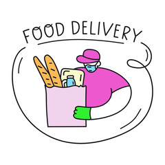 Man with respirator mask and medical gloves. Concept about food delivery during quarantine. Hand drawn illustration on white background.