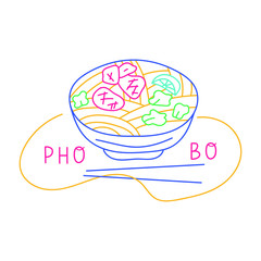 Vietnamese soup - Pho bo. Vector hand drawn outline illustration on white background.