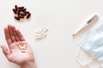 COVID-19, nCoV 2019 or Corona Virus 2019.Corona virus concept and tablets and thermometer background, World diseases background, World health texture, Treatment for corona virus