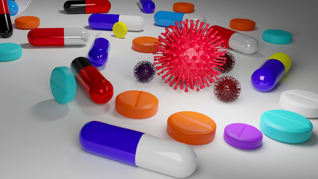 3D render illustration group of medicine pills and antibiotics on white background