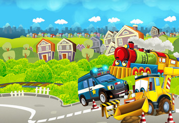Cartoon funny looking train near the city with police car and excavator digger car driving and plane flying - illustration