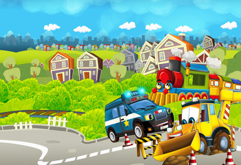 Cartoon funny looking train near the city with police car and excavator digger car driving and plane flying - illustration