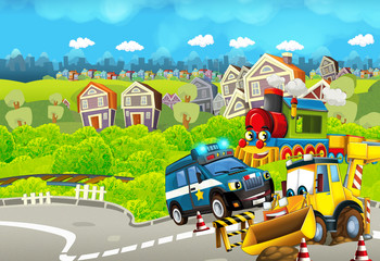 Cartoon funny looking train near the city with police car and excavator digger car driving and plane flying - illustration