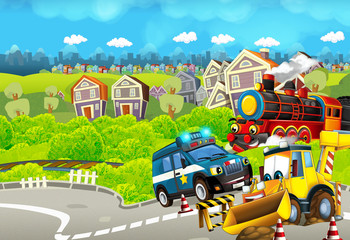 Obraz na płótnie Canvas Cartoon funny looking train near the city with police car and excavator digger car driving and plane flying - illustration