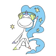 Cute unicorn party card design. Vector illustration.  
Unicorn listens to music on headphones