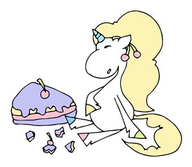 Cute unicorn party card design. Vector illustration. Unicorn ate a cake, sitting near a piece of cake.