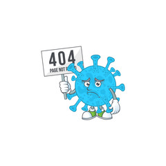 Sad face of coronavirus backteria cartoon character raised up 404 boards