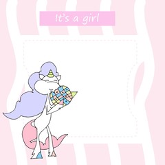 Cute baby shower cartoon with beautiful unicorn. Label for children with funny unicorns. Vector illustration. It's a girl.